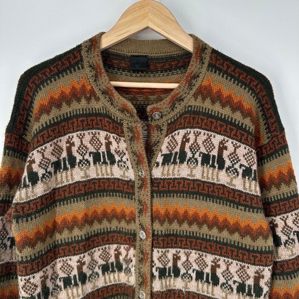 Vintage Mens 100% Alpaca Andean Peru Llama Cardigan Fair Isle Crew Neck Sweater - Picture 3 of 8